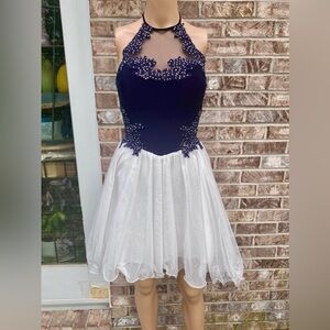 00s Blondie Nites Navy Blue & White Jeweled Halter Fit & Flare Prom Dress
